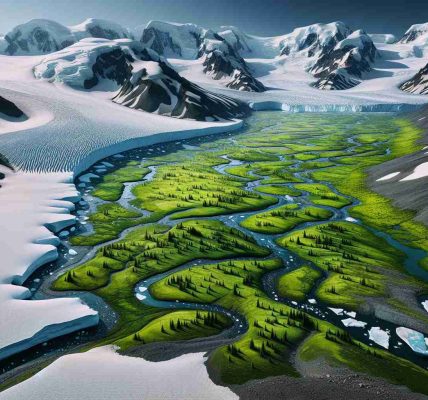 High-definition photo-realistic image of Antarctica transforming into a verdant landscape. Picture snow and ice-capped mountains gradually yielding to a layer of fresh, lush greenery. Imagine pristine, untouched snowfields slowly turning into meadows covered in a blanket of green grass, edged by rapidly growing pine and fir forests. Visualize untouched icy streams becoming gentle, freshwater rivers flowing through the undulating terrain, where the startling contrast between the chilling ice and the warming, vibrant green demarcates the transformation of this formerly frozen landscape.