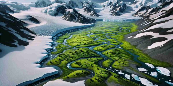 High-definition photo-realistic image of Antarctica transforming into a verdant landscape. Picture snow and ice-capped mountains gradually yielding to a layer of fresh, lush greenery. Imagine pristine, untouched snowfields slowly turning into meadows covered in a blanket of green grass, edged by rapidly growing pine and fir forests. Visualize untouched icy streams becoming gentle, freshwater rivers flowing through the undulating terrain, where the startling contrast between the chilling ice and the warming, vibrant green demarcates the transformation of this formerly frozen landscape.