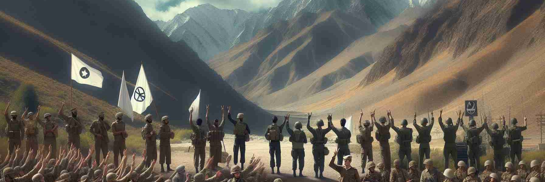 Generate a hyper-realistic image portraying the scene of troops tactfully retreating from a rugged, mountainous terrain which is presumably the landscape of Eastern Ladakh. Incorporate the elements of peace such as white flags, peaceful hand gestures or dove symbols to denote ongoing peace efforts in the background. Include diverse ethnicity among the soldiers - some Caucasian, some Hispanic, some Black, some Middle-Eastern, and some South Asian. Make sure the uniforms are generic and do not directly represent any specific real-world armed forces.