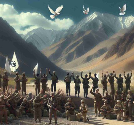 Generate a hyper-realistic image portraying the scene of troops tactfully retreating from a rugged, mountainous terrain which is presumably the landscape of Eastern Ladakh. Incorporate the elements of peace such as white flags, peaceful hand gestures or dove symbols to denote ongoing peace efforts in the background. Include diverse ethnicity among the soldiers - some Caucasian, some Hispanic, some Black, some Middle-Eastern, and some South Asian. Make sure the uniforms are generic and do not directly represent any specific real-world armed forces.