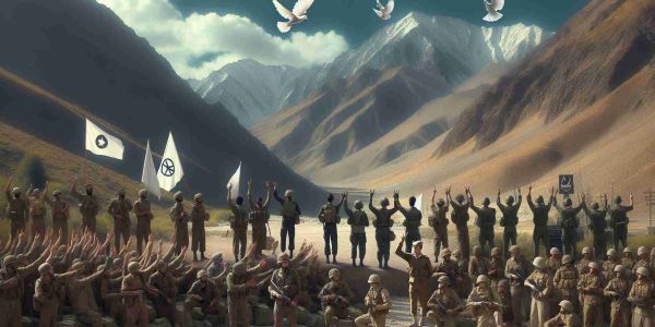 Generate a hyper-realistic image portraying the scene of troops tactfully retreating from a rugged, mountainous terrain which is presumably the landscape of Eastern Ladakh. Incorporate the elements of peace such as white flags, peaceful hand gestures or dove symbols to denote ongoing peace efforts in the background. Include diverse ethnicity among the soldiers - some Caucasian, some Hispanic, some Black, some Middle-Eastern, and some South Asian. Make sure the uniforms are generic and do not directly represent any specific real-world armed forces.