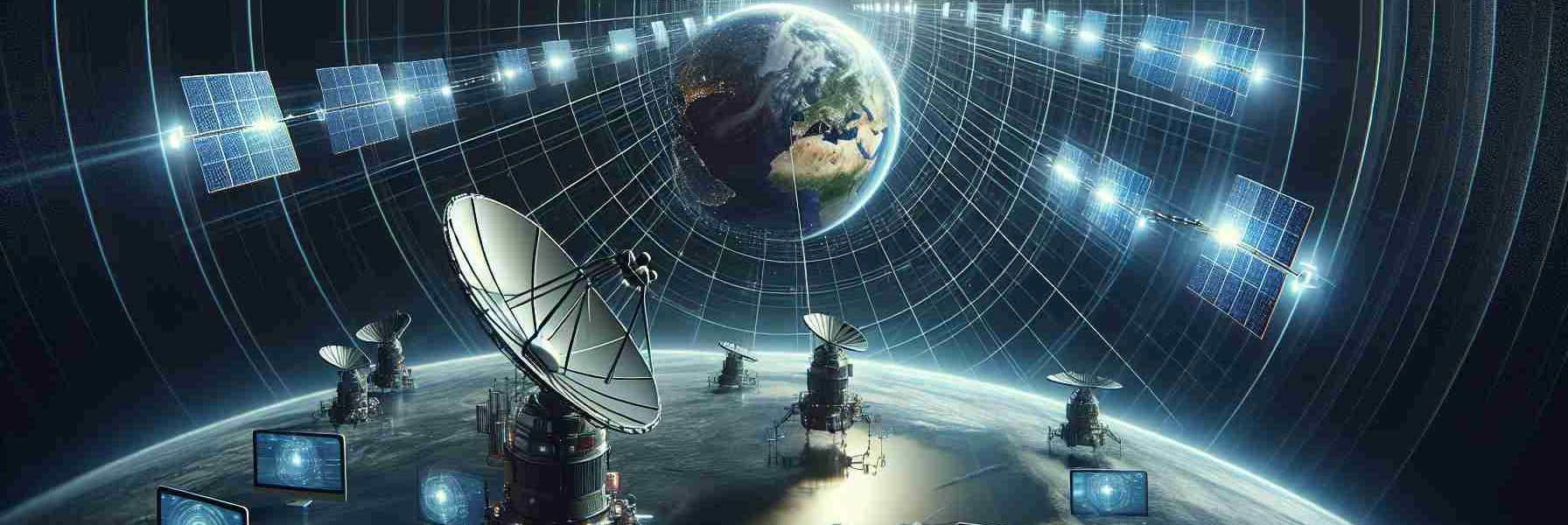 Create a realistic high-definition graphic representation of futuristic satellite messaging technology. The image should show a complex network of satellites revolving around earth sending and receiving multiple beams of bright data signals. Also, illustrate devices like smartphones, tablets, personal computers receiving these signals from space, thus indicating a future state of global connectivity through satellite communications.