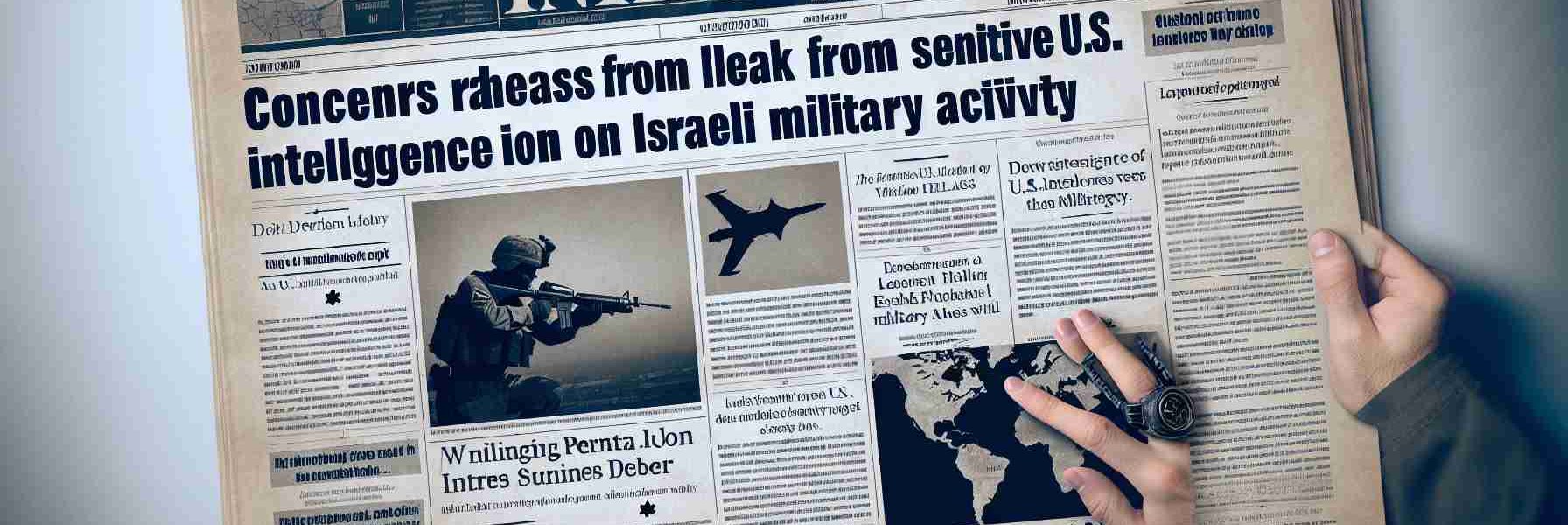 Generate a realistic high-definition picture of a newspaper front page. The lead headline reads 'Concern Arises from Leak of Sensitive U.S. Intelligence on Israeli Military Activity'. Accompanying the headline, display a generic image of a military operation without allocated a specific country or military branch. The page should also include some filler text and other small news items to add authenticity to the design.