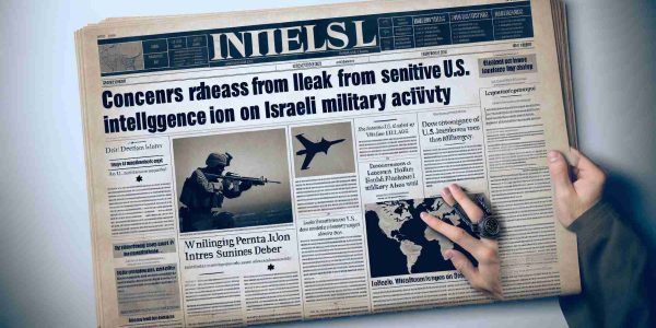 Generate a realistic high-definition picture of a newspaper front page. The lead headline reads 'Concern Arises from Leak of Sensitive U.S. Intelligence on Israeli Military Activity'. Accompanying the headline, display a generic image of a military operation without allocated a specific country or military branch. The page should also include some filler text and other small news items to add authenticity to the design.