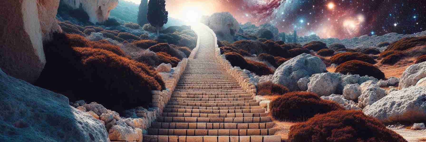 Create a high-definition, realistic image of the steps in Cyprus leading towards a cosmic frontier. The scene should portray an ascending staircase carved from local Cypriot stone, gently bathed in the Mediterranean sun. As the viewer's gaze follows the stairs upwards, the terrestrial landscape should subtly transition into a cosmic wonderland filled with numerous galaxies, bright stars, and cosmic nebulae, creating an ethereal and surreal contrast between earthly confines and the infinity of the cosmos.