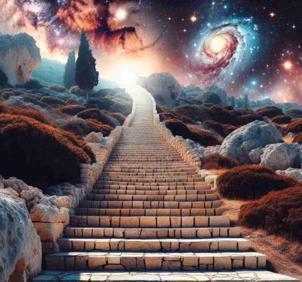 Create a high-definition, realistic image of the steps in Cyprus leading towards a cosmic frontier. The scene should portray an ascending staircase carved from local Cypriot stone, gently bathed in the Mediterranean sun. As the viewer's gaze follows the stairs upwards, the terrestrial landscape should subtly transition into a cosmic wonderland filled with numerous galaxies, bright stars, and cosmic nebulae, creating an ethereal and surreal contrast between earthly confines and the infinity of the cosmos.