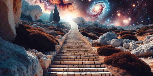 Create a high-definition, realistic image of the steps in Cyprus leading towards a cosmic frontier. The scene should portray an ascending staircase carved from local Cypriot stone, gently bathed in the Mediterranean sun. As the viewer's gaze follows the stairs upwards, the terrestrial landscape should subtly transition into a cosmic wonderland filled with numerous galaxies, bright stars, and cosmic nebulae, creating an ethereal and surreal contrast between earthly confines and the infinity of the cosmos.