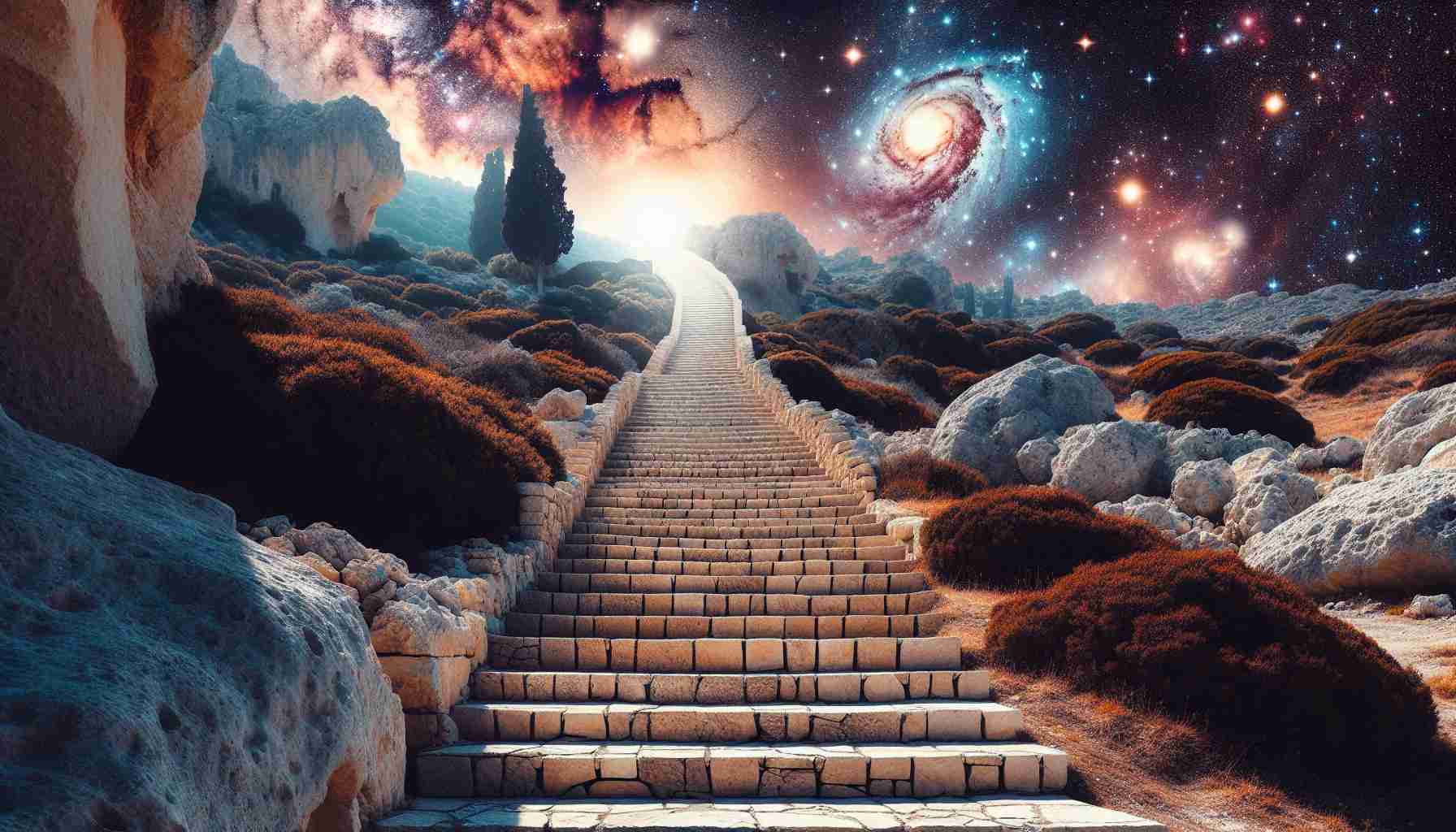 Create a high-definition, realistic image of the steps in Cyprus leading towards a cosmic frontier. The scene should portray an ascending staircase carved from local Cypriot stone, gently bathed in the Mediterranean sun. As the viewer's gaze follows the stairs upwards, the terrestrial landscape should subtly transition into a cosmic wonderland filled with numerous galaxies, bright stars, and cosmic nebulae, creating an ethereal and surreal contrast between earthly confines and the infinity of the cosmos.