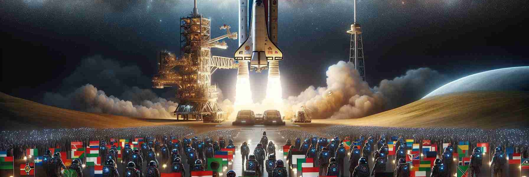 A high definition, realistic image under the theme of 'African Endeavors in Space: A New Era Begins'. The scene consists of a state-of-the-art space vehicle, bearing the colors and symbols of various African nations, being launched into the star-filled sky. The launch pad, located within a vast, open expanse of land recognizable as part of the African continent, is bustling with excitement and anticipation. A diverse team of astronauts, consisting of South Asian women, Black men, Middle-Eastern men, and Hispanic women, prepare to embark on this historic journey, marking a new chapter in space exploration.