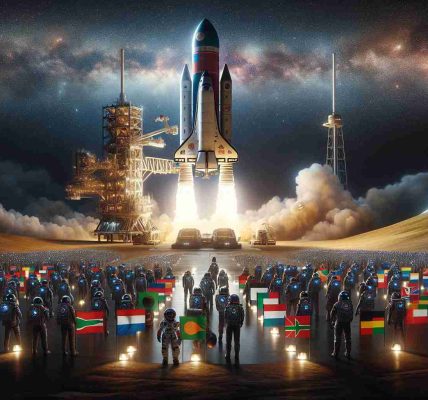 A high definition, realistic image under the theme of 'African Endeavors in Space: A New Era Begins'. The scene consists of a state-of-the-art space vehicle, bearing the colors and symbols of various African nations, being launched into the star-filled sky. The launch pad, located within a vast, open expanse of land recognizable as part of the African continent, is bustling with excitement and anticipation. A diverse team of astronauts, consisting of South Asian women, Black men, Middle-Eastern men, and Hispanic women, prepare to embark on this historic journey, marking a new chapter in space exploration.