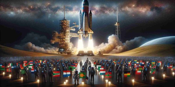 A high definition, realistic image under the theme of 'African Endeavors in Space: A New Era Begins'. The scene consists of a state-of-the-art space vehicle, bearing the colors and symbols of various African nations, being launched into the star-filled sky. The launch pad, located within a vast, open expanse of land recognizable as part of the African continent, is bustling with excitement and anticipation. A diverse team of astronauts, consisting of South Asian women, Black men, Middle-Eastern men, and Hispanic women, prepare to embark on this historic journey, marking a new chapter in space exploration.