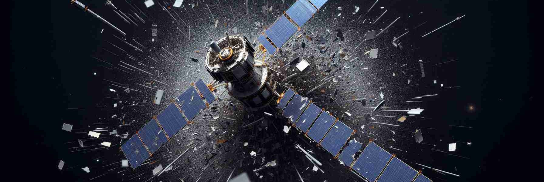 High-definition, realistic image representing the fragmentation of a communication satellite. Depict the satellite in several pieces against a stark, star-studded, inky black space backdrop. Around the pieces, illustrate a flurry of smaller particles that radiate outwards to convey the challenge of space debris. Highlight the sudden, unexpected transformation of a functioning satellite into a source of space debris to express concerns associated with this issue.