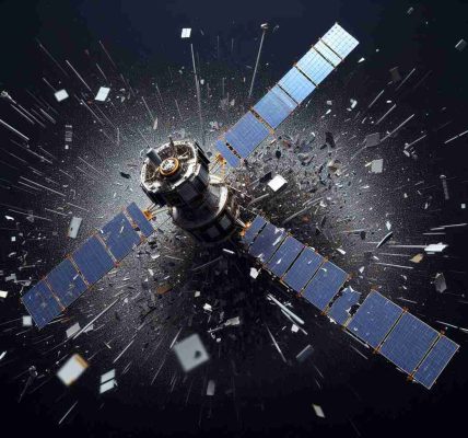 High-definition, realistic image representing the fragmentation of a communication satellite. Depict the satellite in several pieces against a stark, star-studded, inky black space backdrop. Around the pieces, illustrate a flurry of smaller particles that radiate outwards to convey the challenge of space debris. Highlight the sudden, unexpected transformation of a functioning satellite into a source of space debris to express concerns associated with this issue.