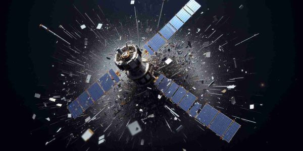 High-definition, realistic image representing the fragmentation of a communication satellite. Depict the satellite in several pieces against a stark, star-studded, inky black space backdrop. Around the pieces, illustrate a flurry of smaller particles that radiate outwards to convey the challenge of space debris. Highlight the sudden, unexpected transformation of a functioning satellite into a source of space debris to express concerns associated with this issue.