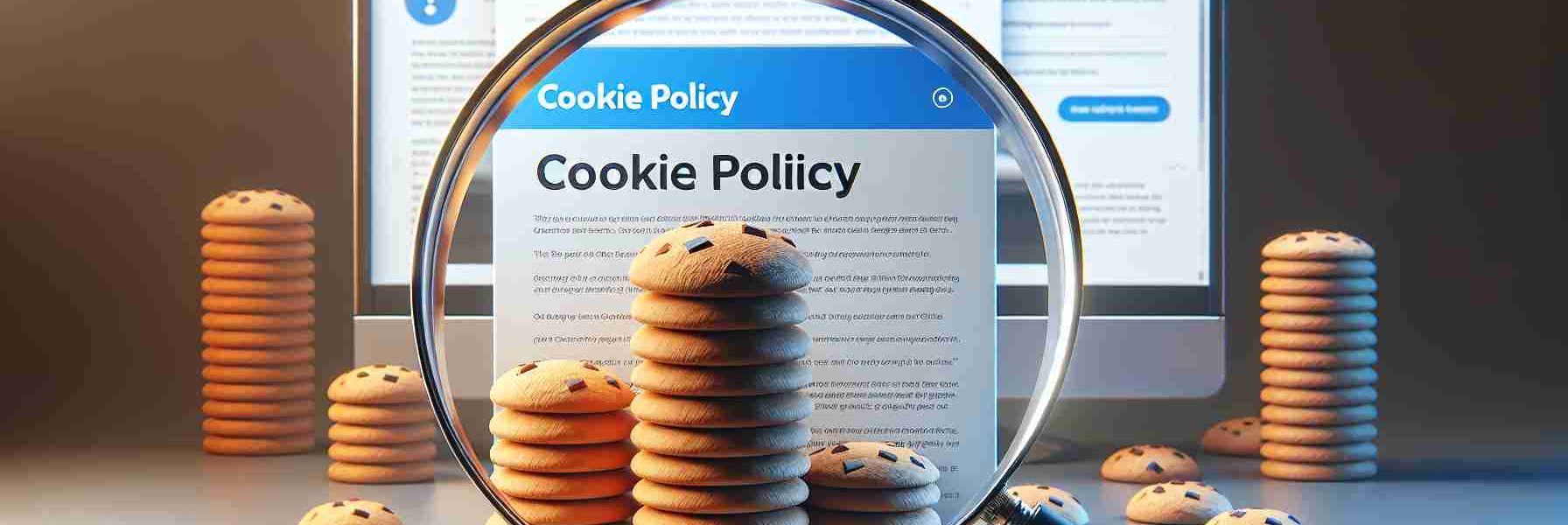 Realistically detailed image concept visualizing our policies on cookies. The scene features a stack of 3D cookies on one side, a policy document displaying the header 'Cookie Policy' on the other. A magnifying glass hovers over the document, scrutinizing it. The background showcases a large computer monitor with a browser window open, and an alert box that reads 'This site uses cookies', signaling user acceptance.