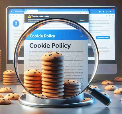 Realistically detailed image concept visualizing our policies on cookies. The scene features a stack of 3D cookies on one side, a policy document displaying the header 'Cookie Policy' on the other. A magnifying glass hovers over the document, scrutinizing it. The background showcases a large computer monitor with a browser window open, and an alert box that reads 'This site uses cookies', signaling user acceptance.