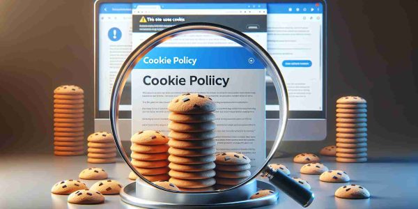 Realistically detailed image concept visualizing our policies on cookies. The scene features a stack of 3D cookies on one side, a policy document displaying the header 'Cookie Policy' on the other. A magnifying glass hovers over the document, scrutinizing it. The background showcases a large computer monitor with a browser window open, and an alert box that reads 'This site uses cookies', signaling user acceptance.