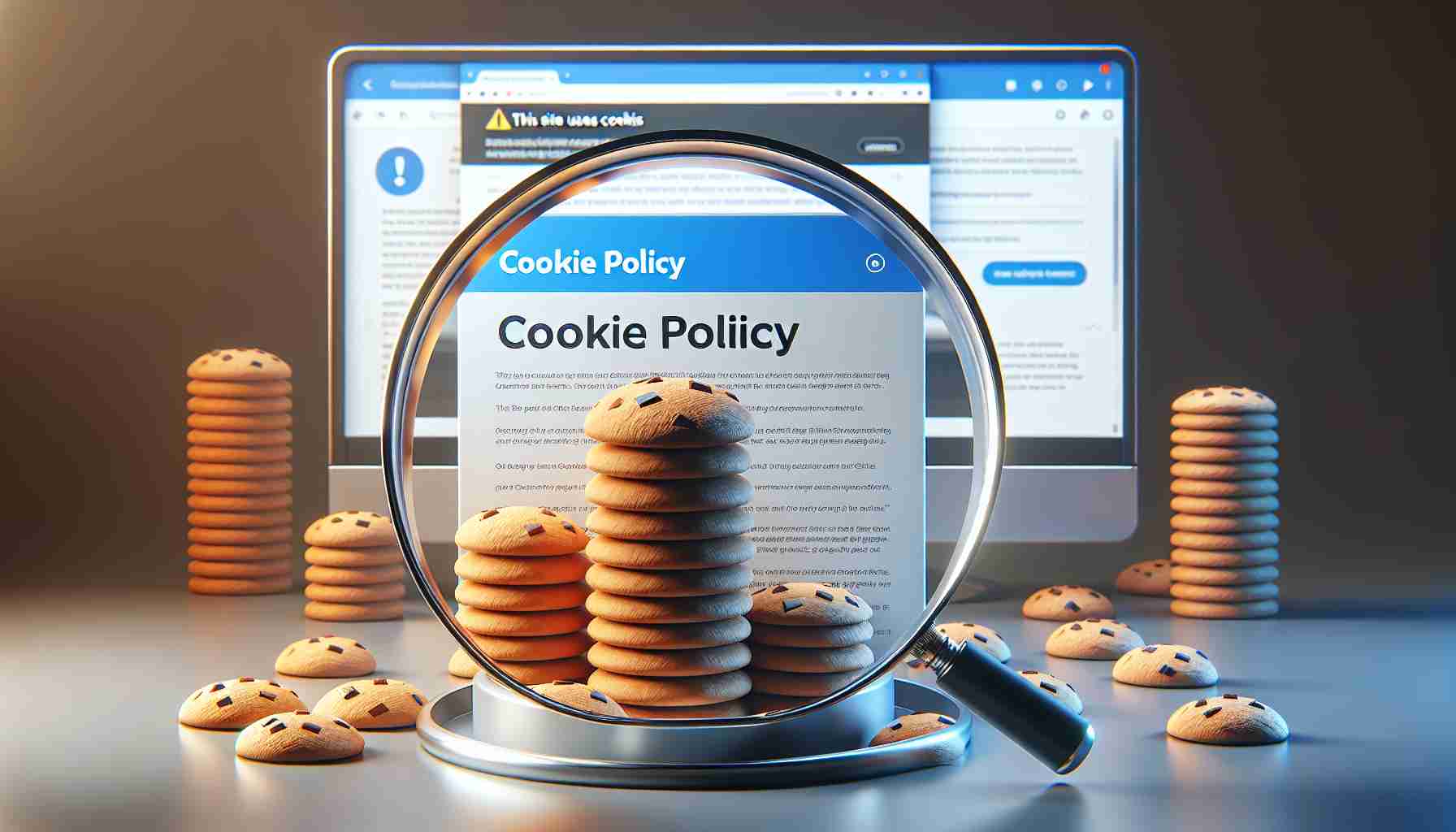 Realistically detailed image concept visualizing our policies on cookies. The scene features a stack of 3D cookies on one side, a policy document displaying the header 'Cookie Policy' on the other. A magnifying glass hovers over the document, scrutinizing it. The background showcases a large computer monitor with a browser window open, and an alert box that reads 'This site uses cookies', signaling user acceptance.