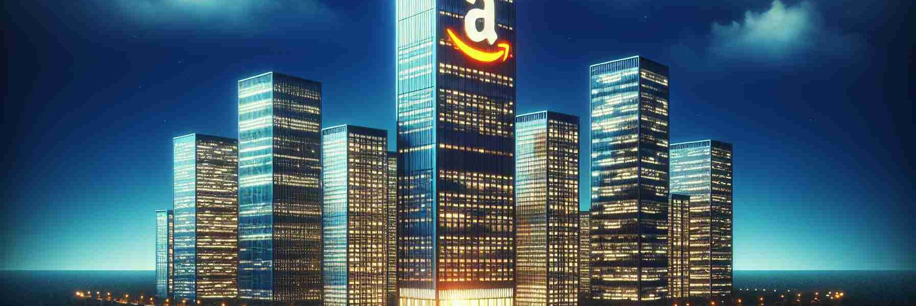 A detailed and high-definition image of a towering skyscraper representing Amazon standing tall amongst other smaller buildings symbolizing leading investment giants, all set against an evening sky. The Amazon building should be vibrant with lights, reflecting its dominance and position in the investment landscape.