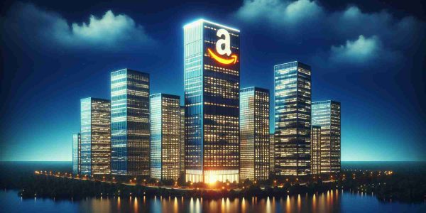 A detailed and high-definition image of a towering skyscraper representing Amazon standing tall amongst other smaller buildings symbolizing leading investment giants, all set against an evening sky. The Amazon building should be vibrant with lights, reflecting its dominance and position in the investment landscape.