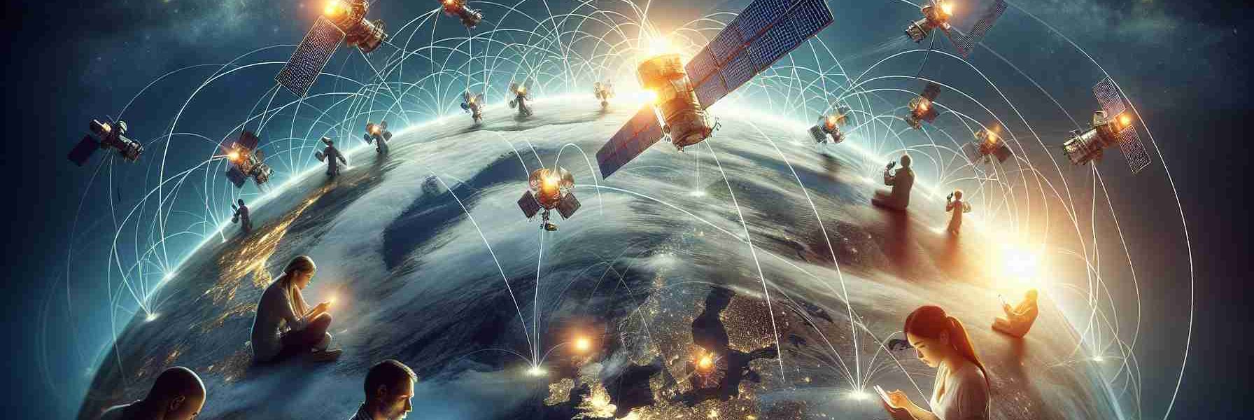 A high-definition, realistic image presenting the concept of revolutionized mobile communication through satellite technology. This shows a graphical representation of multiple satellites in space, distributing signals across the globe, and the people on earth, including a Caucasian woman and an Asian man, using their smartphones. The sky turns from dusk to night, reflecting the time differences. The image should convey the seamless connectivity, regardless of location, highlighting the progress in modern satellite communication.