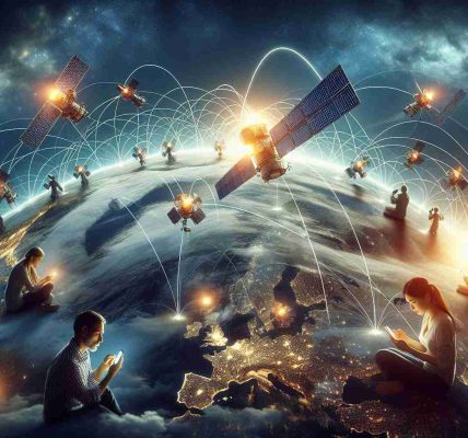 A high-definition, realistic image presenting the concept of revolutionized mobile communication through satellite technology. This shows a graphical representation of multiple satellites in space, distributing signals across the globe, and the people on earth, including a Caucasian woman and an Asian man, using their smartphones. The sky turns from dusk to night, reflecting the time differences. The image should convey the seamless connectivity, regardless of location, highlighting the progress in modern satellite communication.