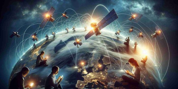 A high-definition, realistic image presenting the concept of revolutionized mobile communication through satellite technology. This shows a graphical representation of multiple satellites in space, distributing signals across the globe, and the people on earth, including a Caucasian woman and an Asian man, using their smartphones. The sky turns from dusk to night, reflecting the time differences. The image should convey the seamless connectivity, regardless of location, highlighting the progress in modern satellite communication.