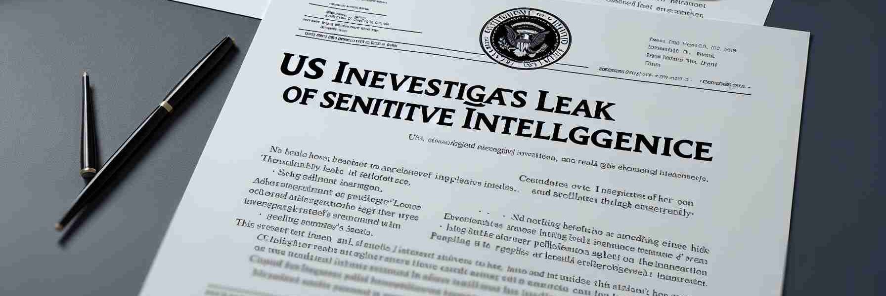 A high-definition image of a paper document with the headline 'US Investigates Leak of Sensitive Intelligence'. The paper appears to be lying on a table with other papers and a pair of reading glasses. The document contains generic, nonspecific text that doesn't divulge any real secrets but gives the impression of an official investigation occurring.