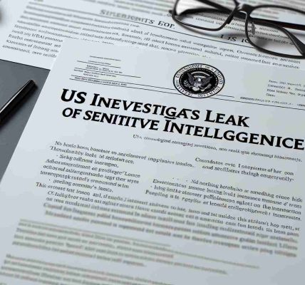 A high-definition image of a paper document with the headline 'US Investigates Leak of Sensitive Intelligence'. The paper appears to be lying on a table with other papers and a pair of reading glasses. The document contains generic, nonspecific text that doesn't divulge any real secrets but gives the impression of an official investigation occurring.