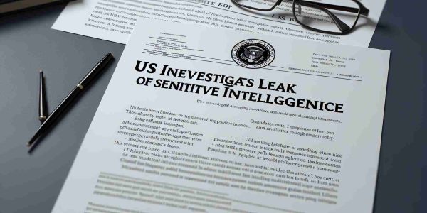 A high-definition image of a paper document with the headline 'US Investigates Leak of Sensitive Intelligence'. The paper appears to be lying on a table with other papers and a pair of reading glasses. The document contains generic, nonspecific text that doesn't divulge any real secrets but gives the impression of an official investigation occurring.