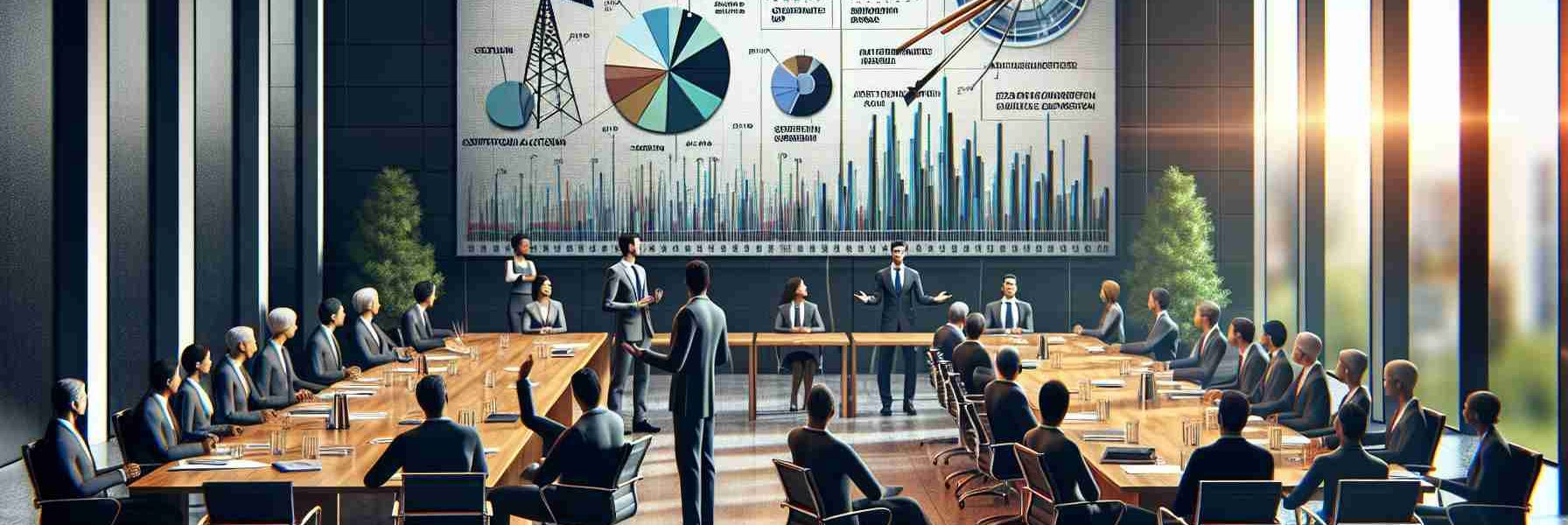 A high-definition, photorealistic image of an advocacy session by a large, unspecified industrial corporation. The scene includes various industry personnel engaged in a lively debate about fair spectrum auctions and satellite broadband. The office is furnished with polished tables and chairs, and the walls are adorned with charts and graphs illustrating various arguments for spectrum regulations and satellite broadband