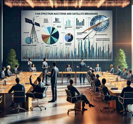 A high-definition, photorealistic image of an advocacy session by a large, unspecified industrial corporation. The scene includes various industry personnel engaged in a lively debate about fair spectrum auctions and satellite broadband. The office is furnished with polished tables and chairs, and the walls are adorned with charts and graphs illustrating various arguments for spectrum regulations and satellite broadband