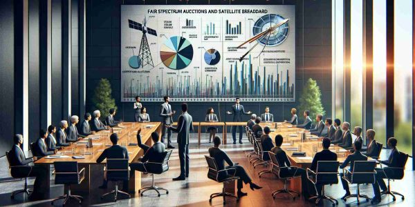 A high-definition, photorealistic image of an advocacy session by a large, unspecified industrial corporation. The scene includes various industry personnel engaged in a lively debate about fair spectrum auctions and satellite broadband. The office is furnished with polished tables and chairs, and the walls are adorned with charts and graphs illustrating various arguments for spectrum regulations and satellite broadband