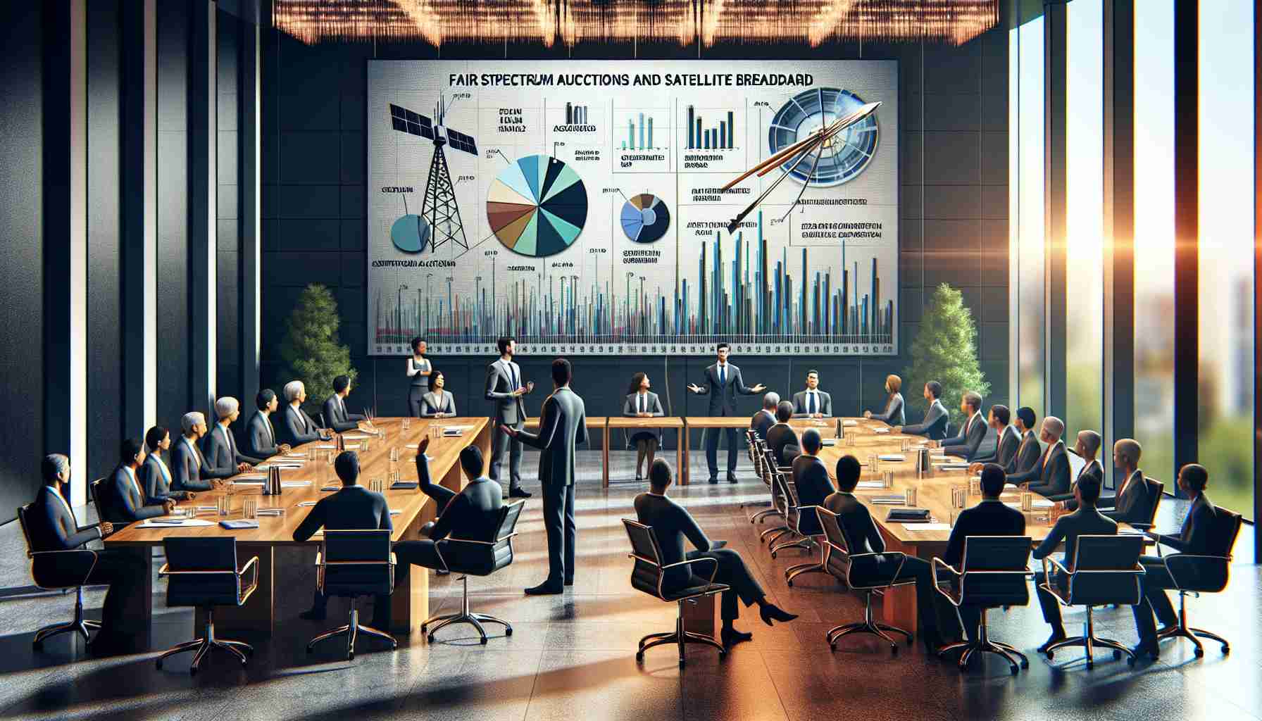 A high-definition, photorealistic image of an advocacy session by a large, unspecified industrial corporation. The scene includes various industry personnel engaged in a lively debate about fair spectrum auctions and satellite broadband. The office is furnished with polished tables and chairs, and the walls are adorned with charts and graphs illustrating various arguments for spectrum regulations and satellite broadband