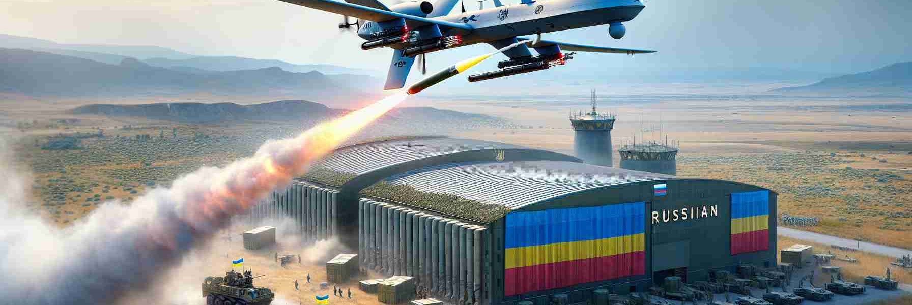 A hyper-realistic, high-definition depiction of escalating drone warfare: A combat drone, flagged with the colors of Ukraine, is launching a missile towards a large warehouse in the distance, presumably storing enemy drones. The warehouse is marked with Russian colors and it stands in a sprawling military base against a backdrop of mountains. Capture the tension of the situation, with the drone in mid-flight, and the missile streaking across the sky towards the warehouse, leaving a trail of smoke behind it. Make sure to include various military equipment surrounding the warehouse, indicating its strategic importance.