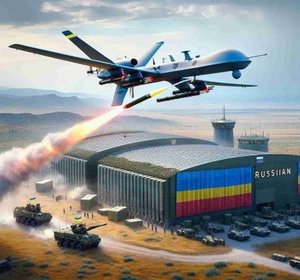 A hyper-realistic, high-definition depiction of escalating drone warfare: A combat drone, flagged with the colors of Ukraine, is launching a missile towards a large warehouse in the distance, presumably storing enemy drones. The warehouse is marked with Russian colors and it stands in a sprawling military base against a backdrop of mountains. Capture the tension of the situation, with the drone in mid-flight, and the missile streaking across the sky towards the warehouse, leaving a trail of smoke behind it. Make sure to include various military equipment surrounding the warehouse, indicating its strategic importance.