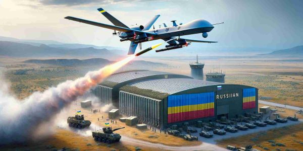 A hyper-realistic, high-definition depiction of escalating drone warfare: A combat drone, flagged with the colors of Ukraine, is launching a missile towards a large warehouse in the distance, presumably storing enemy drones. The warehouse is marked with Russian colors and it stands in a sprawling military base against a backdrop of mountains. Capture the tension of the situation, with the drone in mid-flight, and the missile streaking across the sky towards the warehouse, leaving a trail of smoke behind it. Make sure to include various military equipment surrounding the warehouse, indicating its strategic importance.