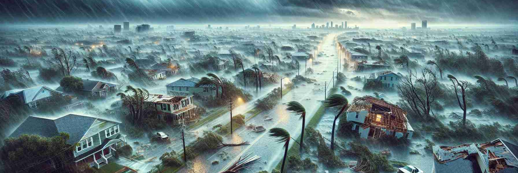 A highly detailed image displaying the aftermath of a severe hurricane named Milton in the state of Florida. The image should portray strong winds, rain pouring relentlessly, uprooted trees, and houses damaged or completely obliterated by the storm's wrath. Streets have turned into rivers, with cars and other objects swept away by the strong water current. The sky is overwhelmingly dark, with thick, menacing clouds covering the horizon. Overall, the imagery is intense and reflective of the unfortunate disaster scenarios that hurricanes can cause.