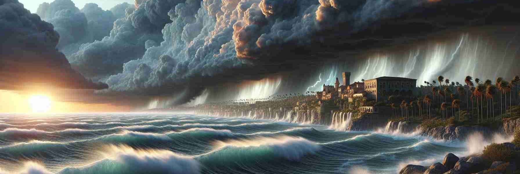 Generate a realistic high-definition image portraying the event 'Hurricane Milton Strikes Florida's Coast'. The scene should capture the storm's intense power against the coastal backdrop. Wind should be visibly whipping up the ocean into a frenzy while menacing clouds gather overhead. Do include some details to identify the area as Florida - perhaps by showing some characteristics of coastal architecture or regional flora in the distance, indicating the danger to human-made structures and local habitat.