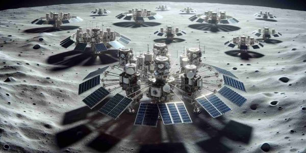 An HD depiction of a network of innovative lunar satellites. These satellites are designed with cutting-edge technology built to harness solar power, and their array forms an interconnected network across the moon's surface. They are intended to enable and power future manned and unmanned moon missions. Each satellite should be intricately detailed to showcase their advanced machinery and solar power units. Against the backdrop of the moon's dusty grey surface, the satellites stand out with their sleek metallic structures.