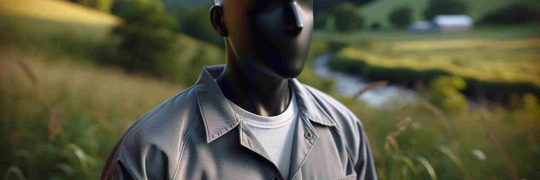 Realistic high-definition image of an unidentified inmate, showcasing the details of their prison uniform from a minimum-security facility. The setting is in a nature-filled location, hinting at the rural landscapes of West Virginia. No identifiable personal characteristics are present, purely focusing on the attire and environment.