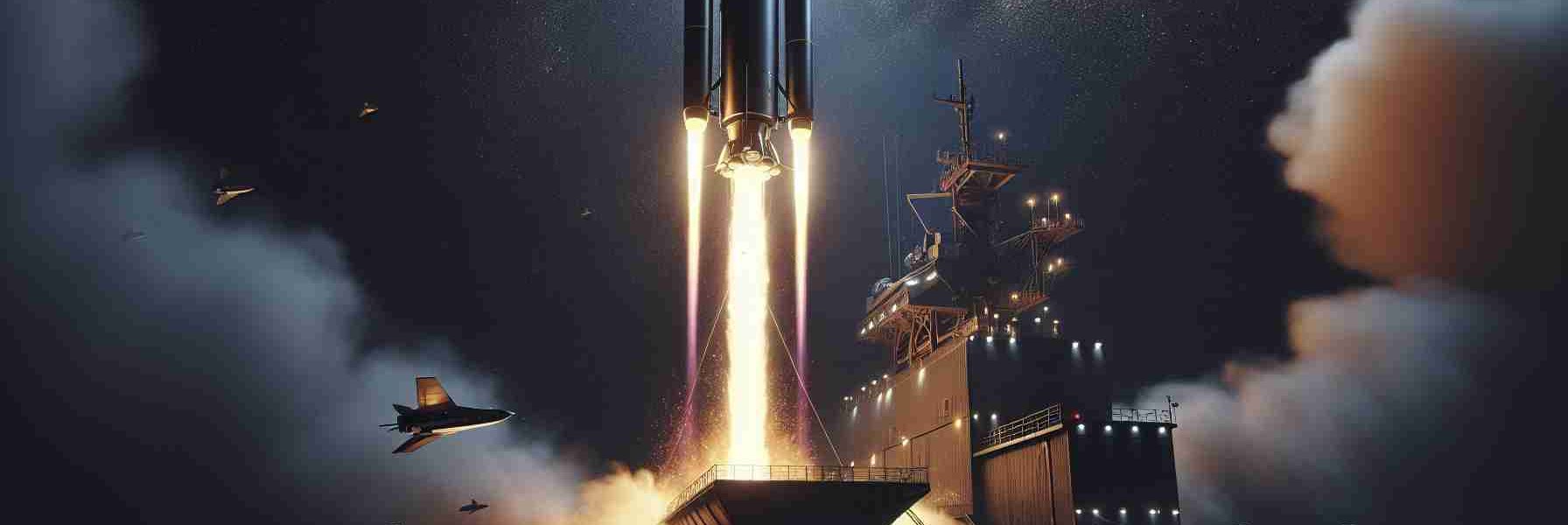 Create a high-definition, realistic scene depiction of a satellite launch event. The satellite should bear a generic insignia and it's being launched for a military force, specifically a maritime military brigade. Show the sleek vessel making its journey into the velvety blackness of space, leaving a trail of fiery exhaust vapors behind. The ground below should be a launch pad in a secure facility, with uniformed personnel silently watching as their connection to advanced technology ascends into the cosmos. Remember to maintain an overall atmosphere of patriotism, unity, and technological advancement.