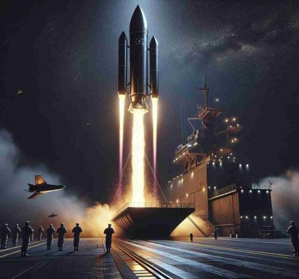 Create a high-definition, realistic scene depiction of a satellite launch event. The satellite should bear a generic insignia and it's being launched for a military force, specifically a maritime military brigade. Show the sleek vessel making its journey into the velvety blackness of space, leaving a trail of fiery exhaust vapors behind. The ground below should be a launch pad in a secure facility, with uniformed personnel silently watching as their connection to advanced technology ascends into the cosmos. Remember to maintain an overall atmosphere of patriotism, unity, and technological advancement.