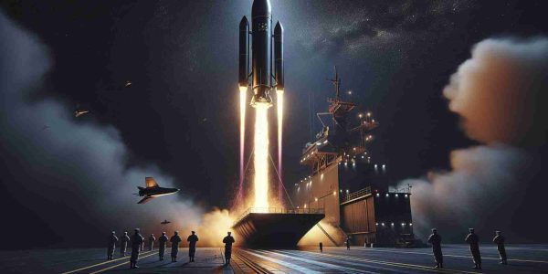 Create a high-definition, realistic scene depiction of a satellite launch event. The satellite should bear a generic insignia and it's being launched for a military force, specifically a maritime military brigade. Show the sleek vessel making its journey into the velvety blackness of space, leaving a trail of fiery exhaust vapors behind. The ground below should be a launch pad in a secure facility, with uniformed personnel silently watching as their connection to advanced technology ascends into the cosmos. Remember to maintain an overall atmosphere of patriotism, unity, and technological advancement.