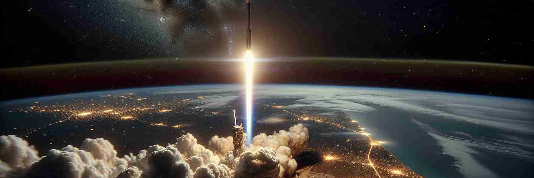 A high-definition, hyperrealistic image of a Starlink satellite launch. The view is from an elevated perspective showing the rocket blasting off from the ground in a trail of smoke, reaching towards the star-studded sky. The ground is lit from the bright ignition of the launch, and in the background, part of the Earth's horizon curving away with city lights becoming visible. Also present is a slight hint of the crucial moment as the satellite detaches itself, heading towards its destined orbital path for its mission of global connectivity.