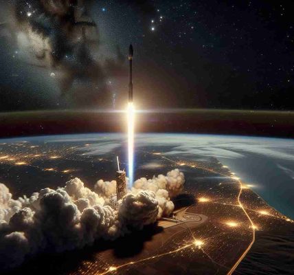 A high-definition, hyperrealistic image of a Starlink satellite launch. The view is from an elevated perspective showing the rocket blasting off from the ground in a trail of smoke, reaching towards the star-studded sky. The ground is lit from the bright ignition of the launch, and in the background, part of the Earth's horizon curving away with city lights becoming visible. Also present is a slight hint of the crucial moment as the satellite detaches itself, heading towards its destined orbital path for its mission of global connectivity.