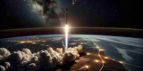 A high-definition, hyperrealistic image of a Starlink satellite launch. The view is from an elevated perspective showing the rocket blasting off from the ground in a trail of smoke, reaching towards the star-studded sky. The ground is lit from the bright ignition of the launch, and in the background, part of the Earth's horizon curving away with city lights becoming visible. Also present is a slight hint of the crucial moment as the satellite detaches itself, heading towards its destined orbital path for its mission of global connectivity.