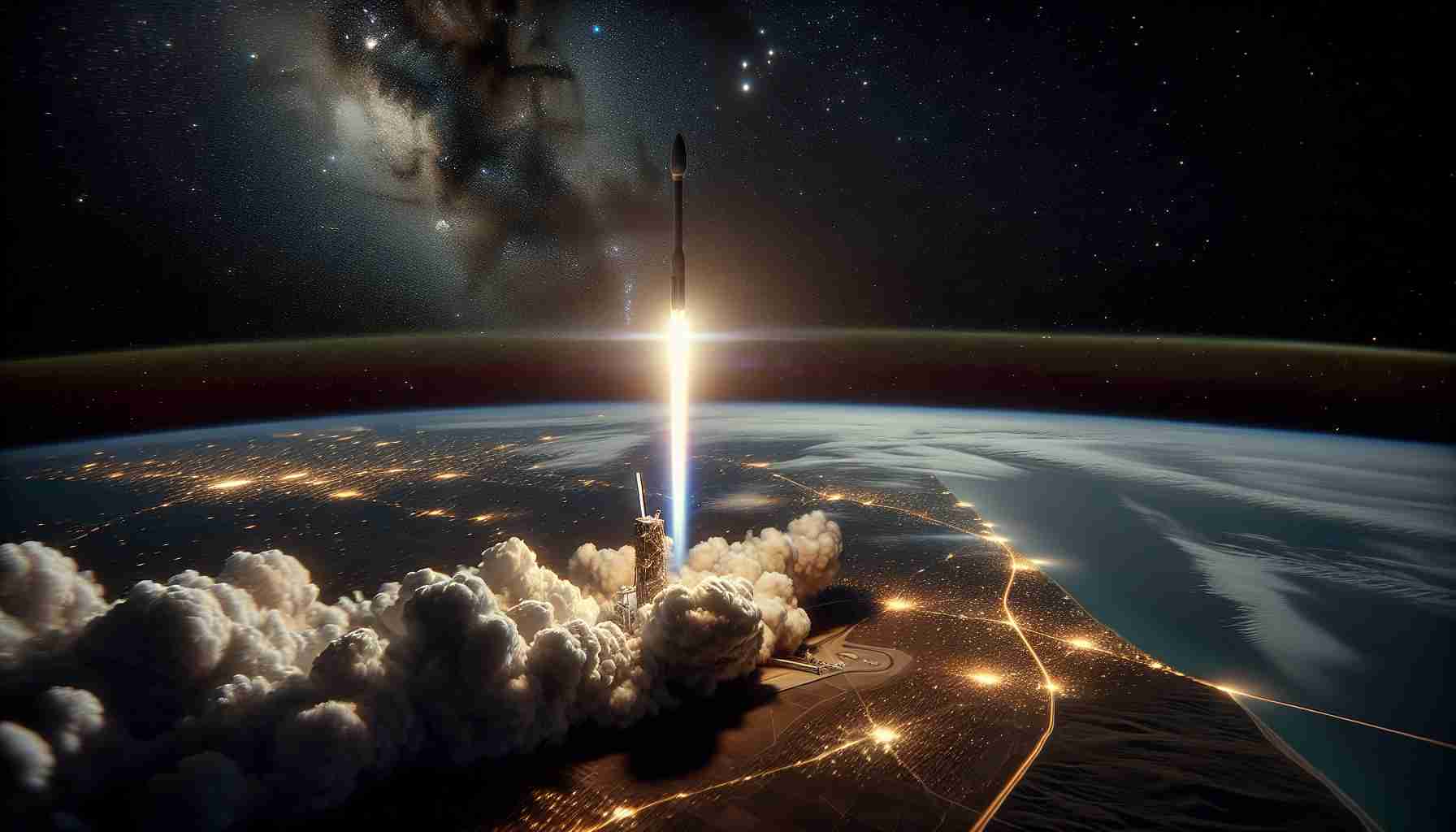 A high-definition, hyperrealistic image of a Starlink satellite launch. The view is from an elevated perspective showing the rocket blasting off from the ground in a trail of smoke, reaching towards the star-studded sky. The ground is lit from the bright ignition of the launch, and in the background, part of the Earth's horizon curving away with city lights becoming visible. Also present is a slight hint of the crucial moment as the satellite detaches itself, heading towards its destined orbital path for its mission of global connectivity.