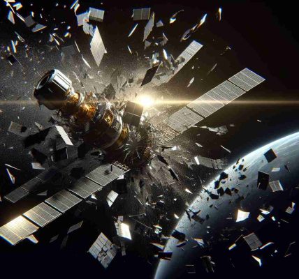 A realistic HD image displaying the disintegration of a geostationary satellite in the inky blackness of space. The satellite, caught mid-destruction, is breaking apart into multiple fragments, each differing in size and shape. This alarming scene raises concerns over the growing issue of space debris. Beams of sunlight are reflecting off the metallic pieces, casting an eerie glow against the dark void. Planet Earth looms in the background, beautifully serene in contrast to the dangerous event unfolding in its orbit.