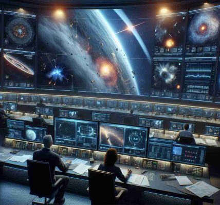 A realistic, high-definition image of the command center of a fictional space organization. The room is filled with state-of-the-art monitors displaying different astrophysical data. The central focus is on a new cloud of satellite debris being tracked in real-time. Alarms are ringing, and both a Caucasian male and a Middle-Eastern female staff are intently studying their screens, working in unison to prevent any potential accidents. The atmosphere is vibrant with animated discussion and a sense of urgency.